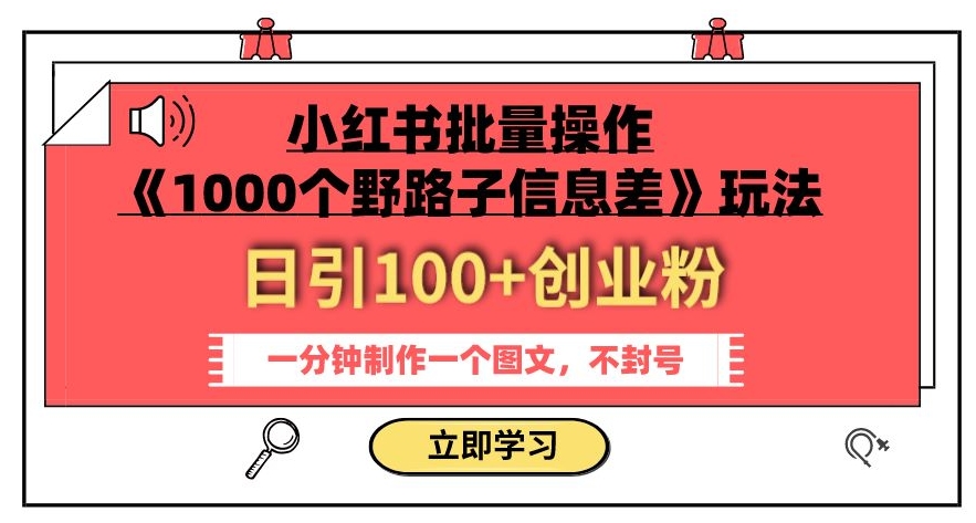 小红书批量操作《1000个野路子信息差》玩法，一分钟制作一个图文，不封号，日引100+创业粉-云途资源库