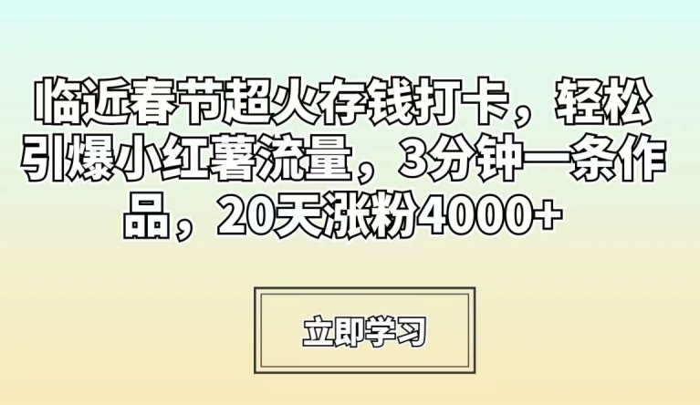 临近春节超火存钱打卡，轻松引爆小红薯流量，3分钟一条作品，20天涨粉4000+【揭秘】-云途资源库