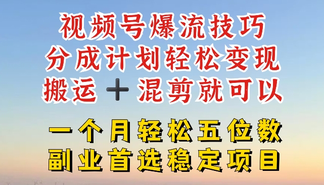 视频号爆流技巧，分成计划轻松变现，搬运 +混剪就可以，一个月轻松五位数稳定项目【揭秘】-云途资源库