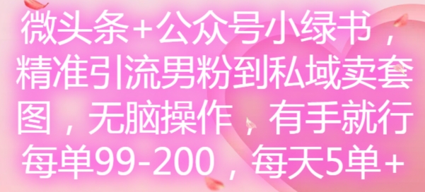 微头条+公众号小绿书，精准引流男粉到私域卖套图，无脑操作，有手就行，每单99-200，每天5单-云途资源库