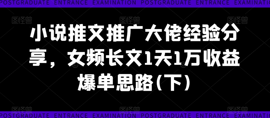小说推文推广大佬经验分享，女频长文1天1万收益爆单思路(下)-云途资源库