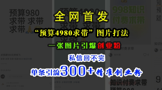 小红书“预算4980带我飞”图片打法，一张图片引爆创业粉，私信回不完，单条引流300+精准创业粉-云途资源库