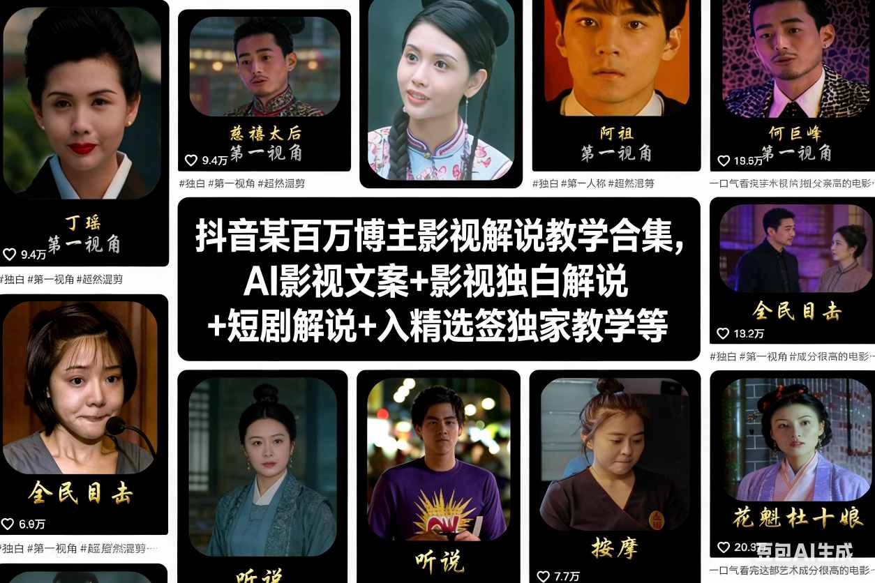 抖音某百万博主影视解说教学合集，AI影视文案+影视独白解说+短剧解说+入精选签独家教学等-云途资源库