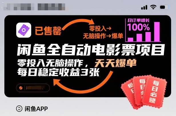 闲鱼全自动电影票项目，零投入无脑操作，天天爆单，每日稳定收益3张【揭秘】-云途资源库