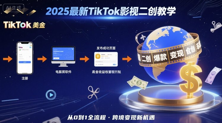 2025年最新TikTok影视二创教学，从注册到发布撸美金全流程，跨境变现新机遇-云途资源库