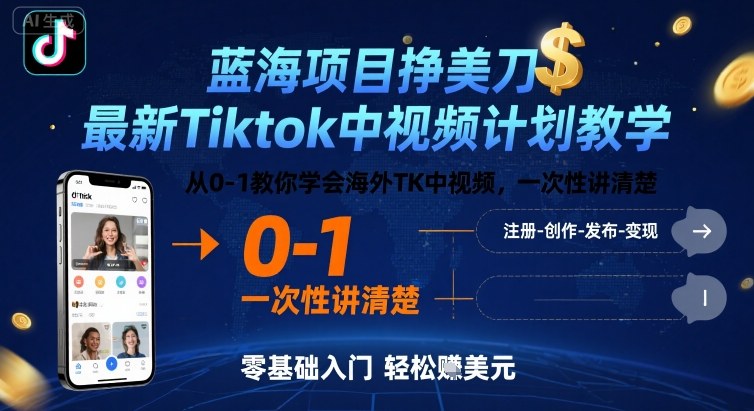 蓝海项目挣美刀，最新Tiktok中视频计划教学，从0-1教你学会海外TK中视频，一次性讲清楚-云途资源库