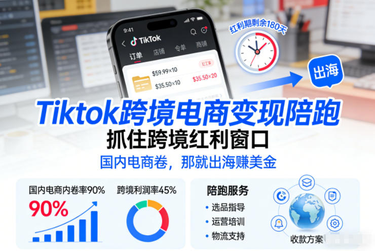 Tiktok跨境电商变现陪跑，抓住跨境红利窗口，国内电商卷，那就出海賺美金-云途资源库