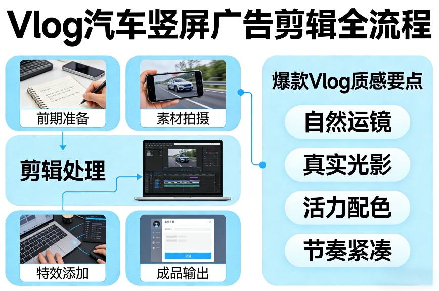 Vlog感觉汽车竖屏广告剪辑脚本全流程，拿捏爆款Vlog质感-云途资源库
