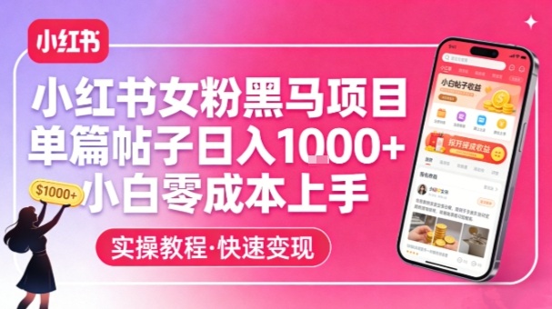 小红书女粉黑马项目，单篇帖子日入1k+，小白零成本上手-云途资源库