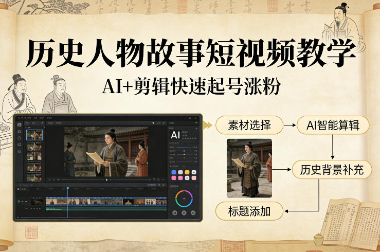 历史人物故事短视频教学，AI+剪辑制作历史人物题材短视频，快速起号涨粉-云途资源库