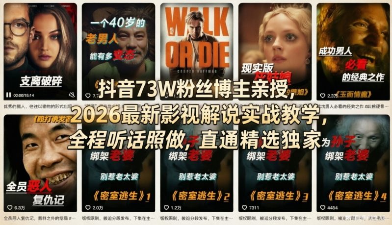 抖音73W粉丝博主亲授，2026最新影视解说实战教学，全程听话照做，直通精选独家-云途资源库