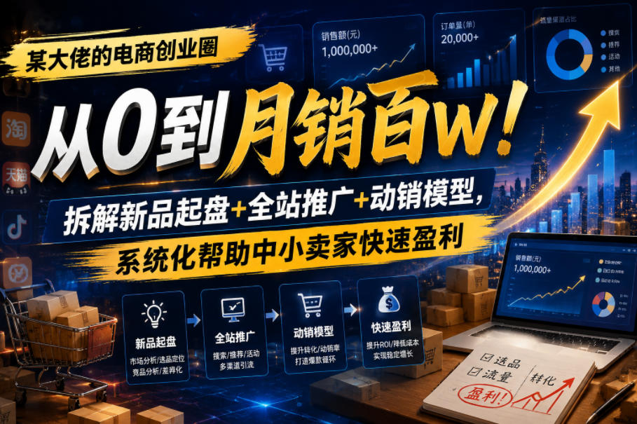 某大佬的电商创业圈从0到月销百W！拆解新品起盘+全站推广+动销模型，系统化帮助中小卖家快速盈利-云途资源库