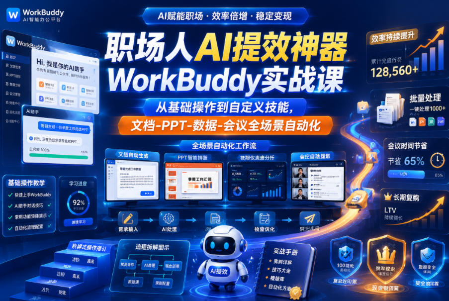 职场人AI提效神器WorkBuddy实战课，从基础操作到自定义技能，文档-PPT-数据-会议全场景自动化-云途资源库