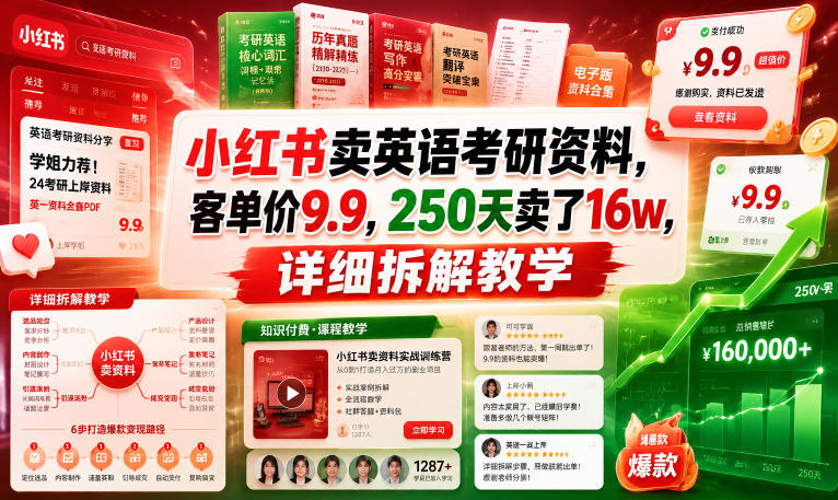 小红书卖英语考研资料，客单价9.9，250天卖了16w，详细拆解教学-云途资源库