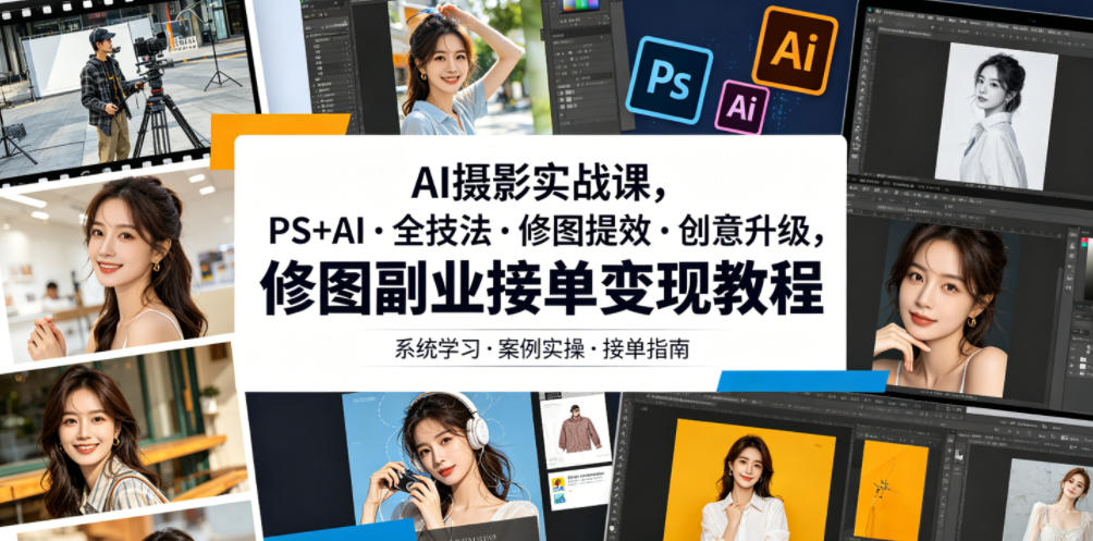 AI摄影实战课，PS+AI・全技法・修图提效・创意升级，修图副业接单变现教程-云途资源库