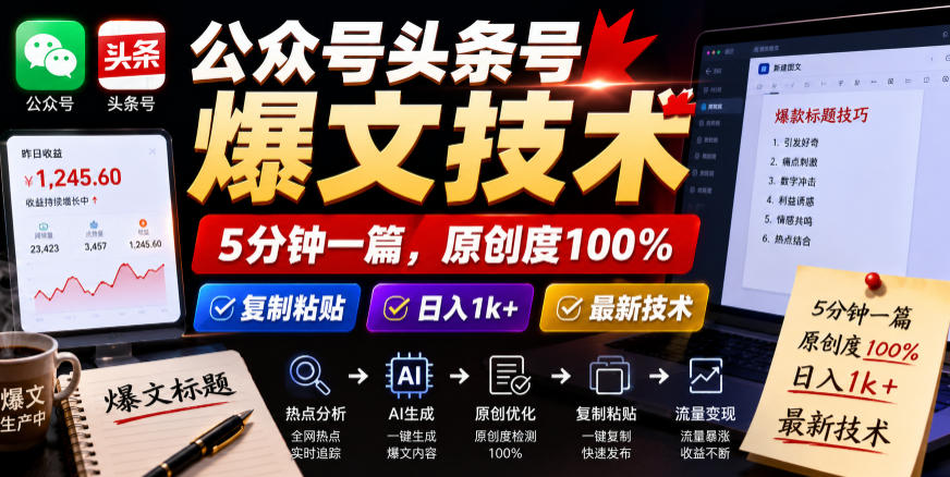 公众号头条号爆文技术，5分钟一篇，原创度100%，复制粘贴，日入1k+，最新技术【揭秘】-云途资源库