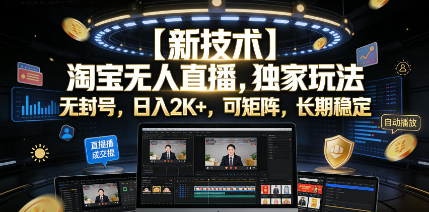 【新技术】淘宝无人直播，独家玩法，无封号，日入2K+，可矩阵，长期稳定【揭秘】-云途资源库