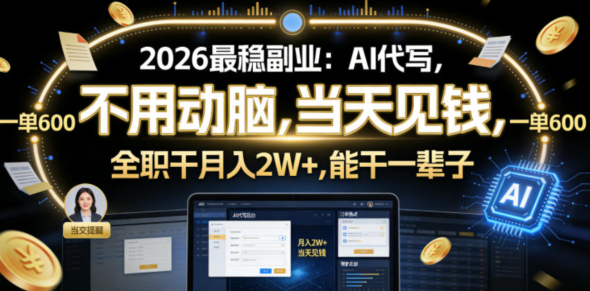 2026最稳副业：AI代写，不用动脑，当天见钱，一单600，全职干月入2W+，能干一辈子【揭秘】-云途资源库