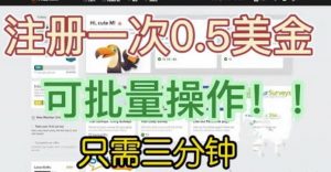 国外项目注册一次0.5美金，只需三分钟无脑操作，可批量同时放大操作，小白工作室福利【揭秘】-云途资源库