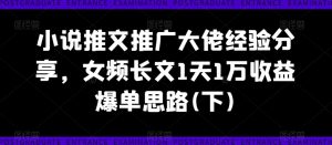 小说推文推广大佬经验分享，女频长文1天1万收益爆单思路(下)-云途资源库