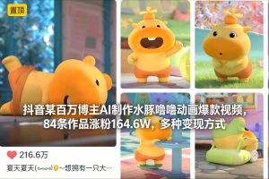 抖音某百万博主AI制作水豚噜噜动画爆款视频，84条作品涨粉164.6W，多种变现方式-云途资源库