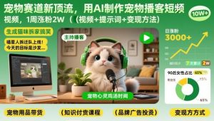 宠物赛道新顶流，用AI制作宠物播客短视频，1周涨粉2W（视频+提示词+变现方法）-云途资源库