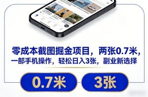 零成本截图掘金项目，两张0.7米，一部手机操作，轻松日入3张，副业新选择【揭秘】-云途资源库
