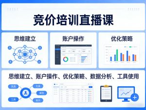 竞价培训直播课,覆盖思维建立、账户操作、优化策略、数据分析、工具使用等,全方位提升效果-云途资源库