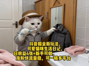 抖音掘金新玩法，可爱猫咪生活日记，日收益4张+新手可做，涨粉快流量稳，可一稿多平台-云途资源库