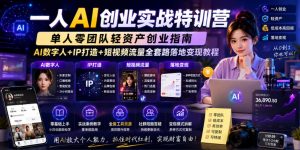 一人AI创业实战特训营,单人零团队轻资产创业指南,AI数字人+IP打造+短视频流量全套路落地变现教程-云途资源库
